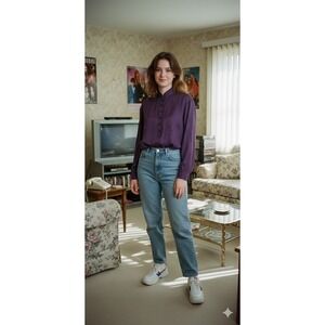 Vintage 90s TESS Dark Purple Floral Satin Tunic Blouse High Collar Womens Medium